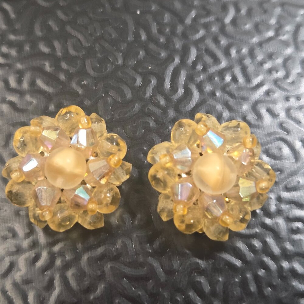 Vintage Yellow Crystal Cluster Clip-On Earrings - Signed Germany  Add a touch of
